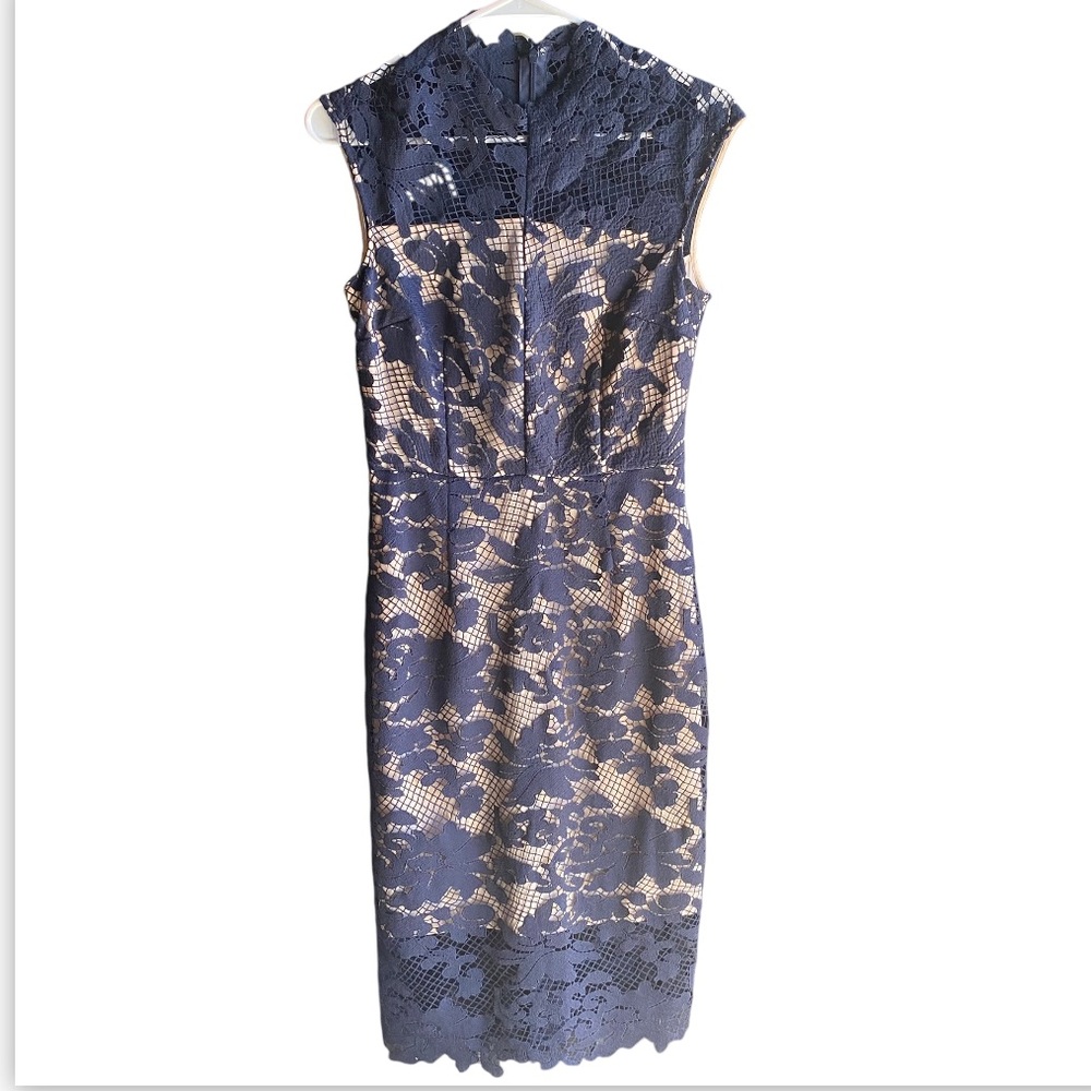 Antonio Melani Lace Navy and Tan Floral Midi Dress Size 2